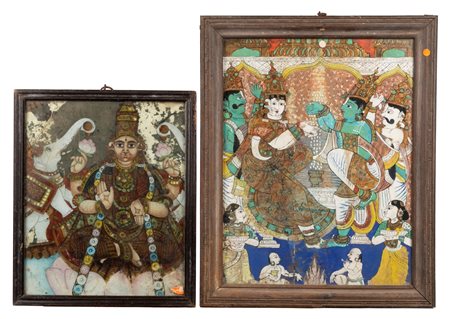 Due dipinti su vetro raffiguranti divinità indiane, Indian art, 19th century