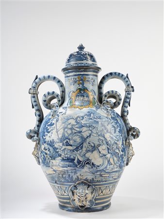 Grande stagnone con coperchio in maiolica. Manifattura ligure, 19th century