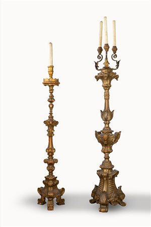 Due torciere in legno intagliato e dorato, 19th century