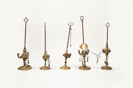 Cinque lampade fiorentine ad olio in ottone, 19th century