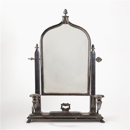 Psiche da tavolo con specchio basculante in metallo argentato