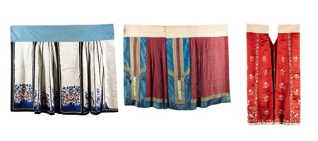 Tre gonne in seta, tra cui una a fondo bianco, una a fondo rosso, e una a fondo mattone, China, late Qing dynasty