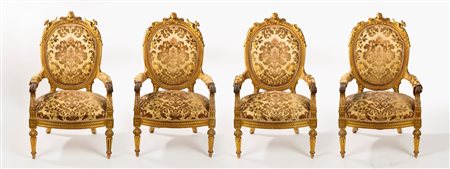 Quattro poltrone in legno intagliato e dorato, secolo XIX