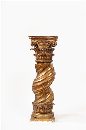 Colonna tortile in legno intagliato e dorato con capitello, secolo XIX