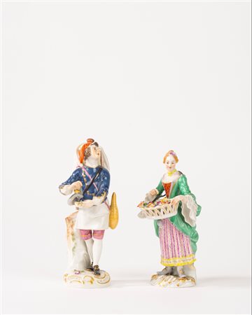 Coppia di figurette in porcellana policroma, manifattura di Meissen, secolo XX