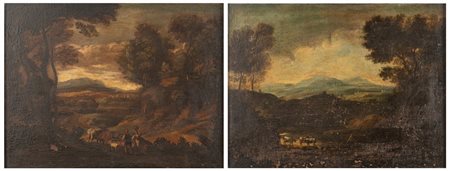 Scuola italiana, secolo XVII - Due paesaggi boschivi con astanti 