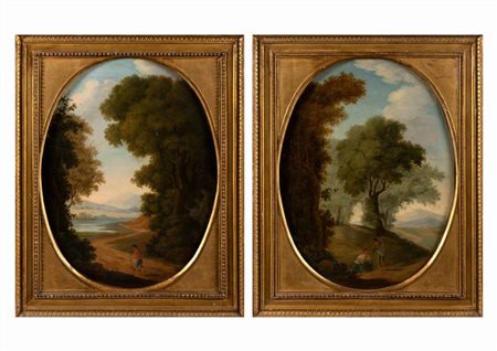 Scuola romana, fine secolo XVIII - inizi secolo XIX - Due paesaggi con viandanti