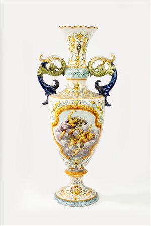 Vaso biansato in maiolica policroma, manifattura Mollica, Napoli, fine secolo XIX/inizio secolo XX