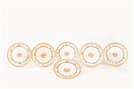 Set di sei piatti in porcellana policroma, manifattura di Meissen, secolo XIX