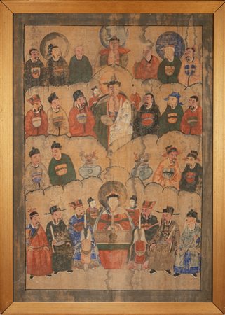 GRANDE DIPINTO SU SETA RAFFIGURANTE CORTEO DI FIGURE, China, late 19th century