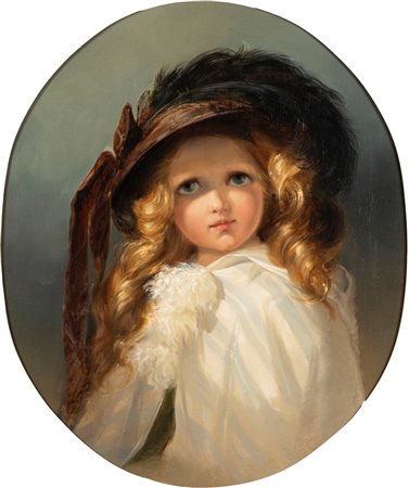 Scuola europea, seconda metà del XIX secolo - Ritratto di bambina a mezza figura con cappello piumato