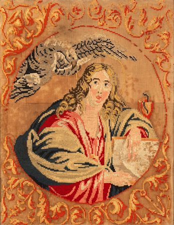 Arazzo raffigurante San Giovanni Evangelista entro cornice tra motivi a volute, secolo XIX