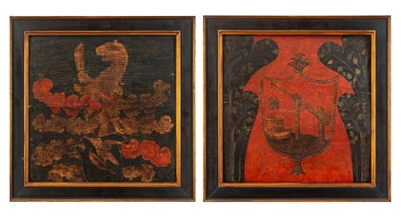 Scuola dell'Italia settentrionale, secolo XVII - Due tavelle da soffitto con stemmi nobiliari