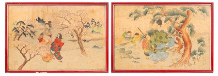 Coppia di dipinti su carta di riso