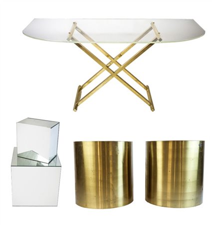 Tavolo console demi-lune con piano in plexiglass e gambe in metallo dorato (cm