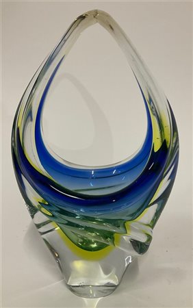 Manifattura di Murano Cestino centrotavola in vetro sommerso blu, giallo e incol