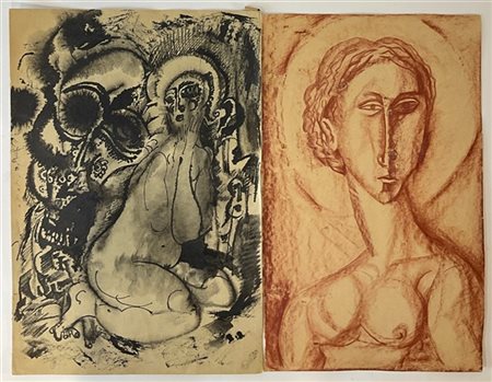 Due disegni raffiguranti soggetti femminili su cartoncino, uno a china e l'altr