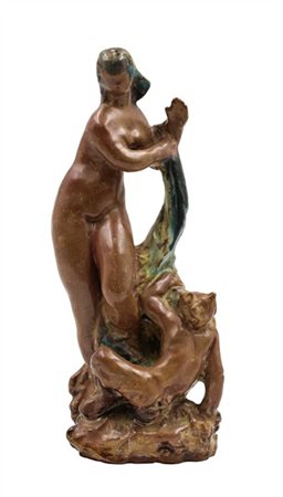 Angelo Ungania Scultura in ceramica smaltata nei toni del blu, beige e verde raf