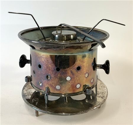 Sambonet Set fornello per fonduta. Italia, anni '40/'50. Metallo argentato. Marc