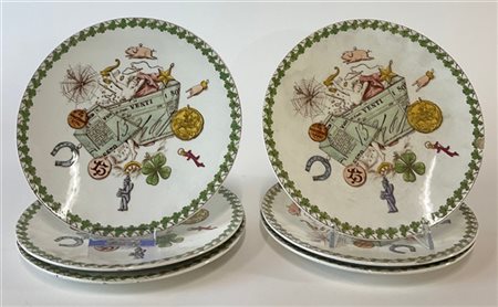 Società Ceramica Richard Sei piatti della serie "Fortuna". Ceramica decorata in