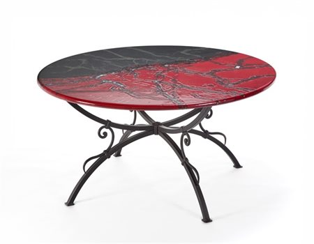 Domiziani Tavolo con piano tondo in pietra laccato a gran fuoco con decoro infor