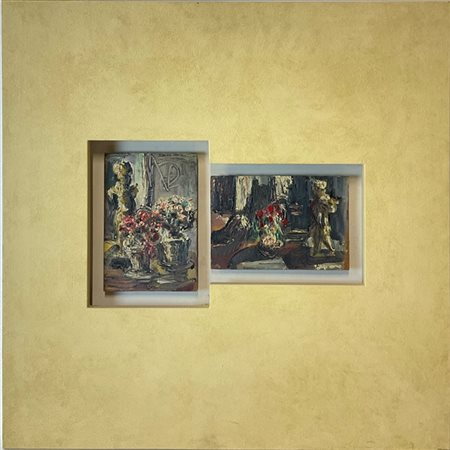 Due olii su tavolette raffiguranti nature morte con fiori, di cui una firmata "