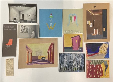 Cartella con due foto, un ritaglio di giornale e nove bozzetti, tra cui quelli