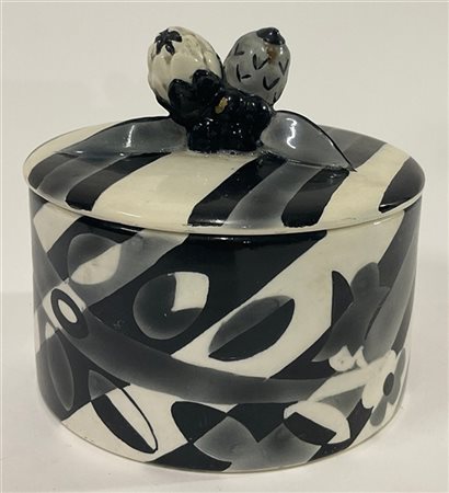 Lenci Scatola di forma circolare in ceramica smaltata bianca nera e grigia decor