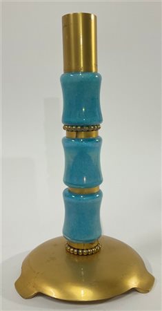 Carlo Gadda Candeliere in metallo ottonato e vetro incamiciato trasparente e azz