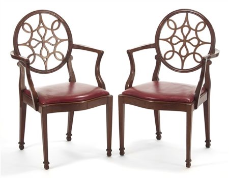 Alberto Issel Coppia di poltroncine in legno con schienale a giorno decorato da