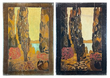 Due pannelli lignei intarsiati a paesaggi lacustri con cipressi. Francia, anni