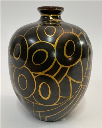 Fernand Grange Vaso dinanderie Art Déco in rame decorato in oro a motivi stilizz