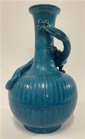 Théodore Deck (1823 -1891) (attr) Vaso a balaustro in gres smaltato turchese co