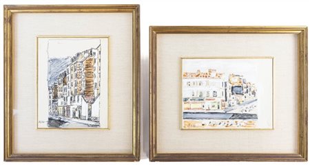 Orfeo Tamburi Due tecniche miste su carta raffiguranti scorci di Parigi
cm 17x21