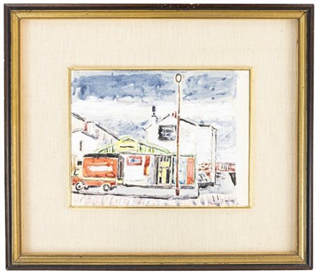 Orfeo Tamburi "Muri e camion alla Chapelle" 1967
tecnica mista su carta
cm 17x22