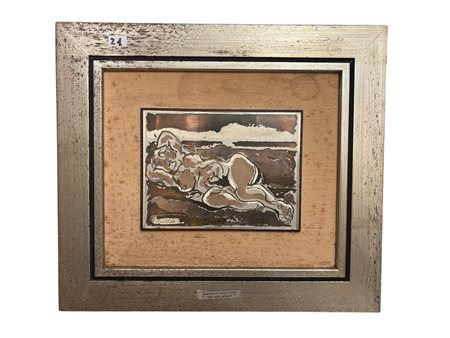 Domenico Cantatore (1906 - 1998) 
Nudo sulla spiaggia 
incisione su lastra argentata 18 x 24 cm
