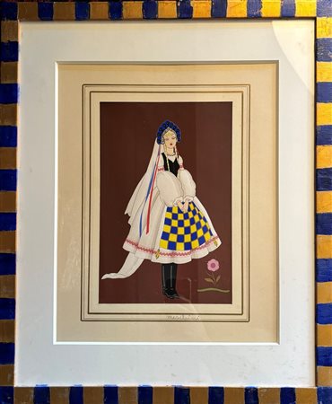 Giovanni Meschini (1888 - 1977) 
fanciulla in costume tipico 
stencil 29 x 19 cm