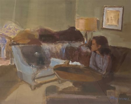 Marcello Muccini (1926 - 1978) 
Interno con figura 
olio su tela 60 x 70 cm