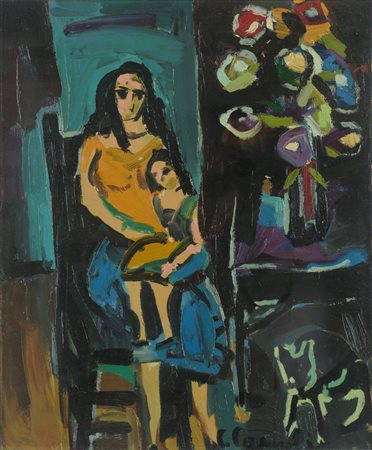 Carlo Caroli (1920 - 2008) 
Interno con figure e fiori 1957
olio su tela 55 x 45 cm
