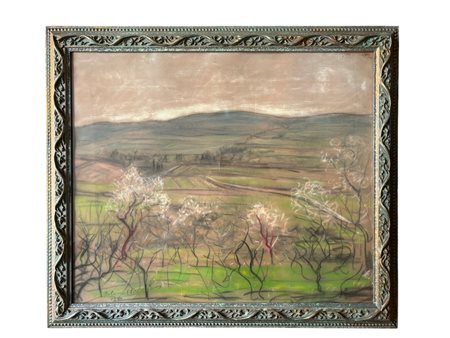 Biancarosa Camolli (XX secolo - ) 
Paesaggio con mandorli in fiore 
pastello su carta 48 x 58 cm