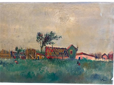 Giuseppe Succi (1914 - ) 
Villaggio con personaggi 
Olio su tela 70 x100 cm