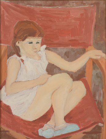 Armando  Angeloni XX sec.  
Marilena sulla sedia rossa 195(?)
olio su tavola 47 x 37 cm
