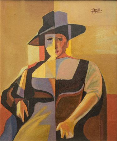 Jean Guerra Gaja (1931 - 1996) 
Due ritratti  
olio su compensato  Dama 82 x 77 cm in cornice - 52 x 42 cm senza cornice