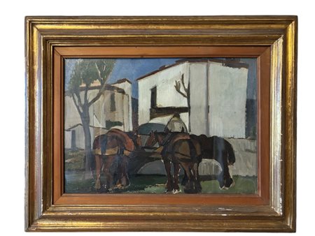 Giulio Cesare Giachetti (1887 - 1961) 
Cavalli alla fonte 
olio su cartone 35,5 x 46,5 cm