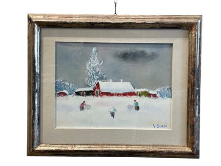 Giuseppe Succi (1914 - ) 
Paesaggio innevato con personaggi 
Olio su tela 29 x 39cm