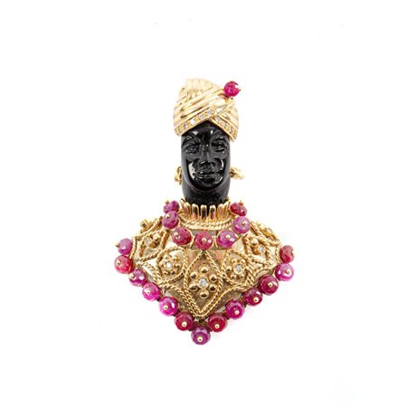 SPILLA a guisa di moro in oro 18 KT con brillanti e rubini