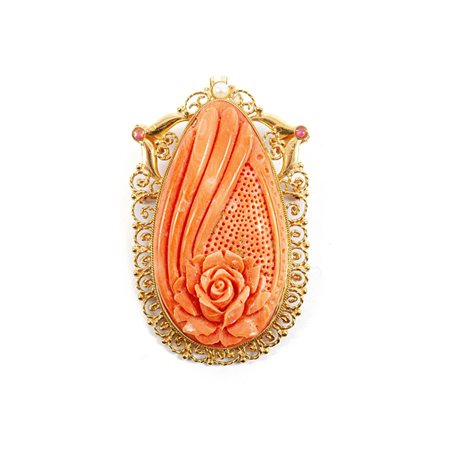 SPILLA/PENDENTE in oro giallo 18 KT, corallo, perla e rubini