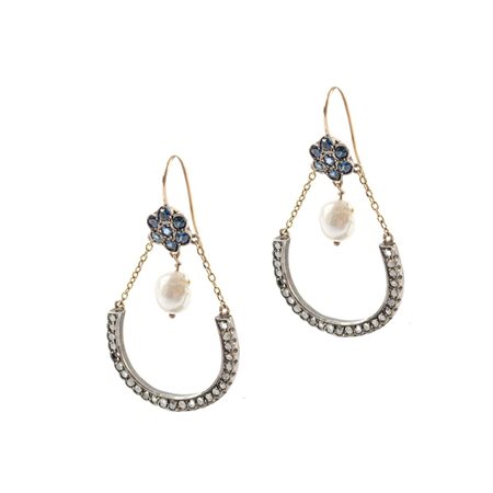 ORECCHINI in oro 9 KT e argento con diamanti, zaffiri e perle