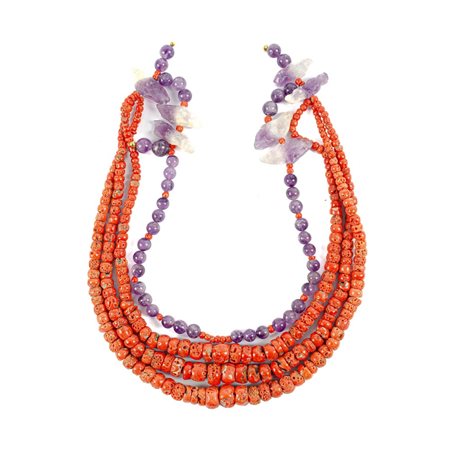 COLLANA a tre fili di corallo e ametiste