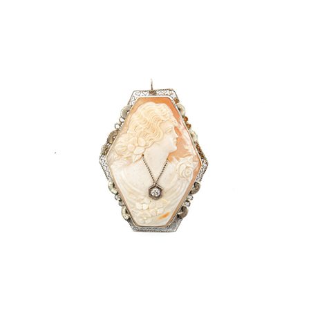 SPILLA/PENDENTE in oro bianco 9 KT con cammeo e brillante